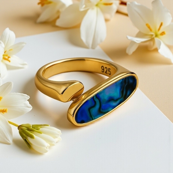 Boho Chic Adjustable Ring Abalone Shell 18K Gold Plated S925 Sterling Silver - Picture 9 of 13